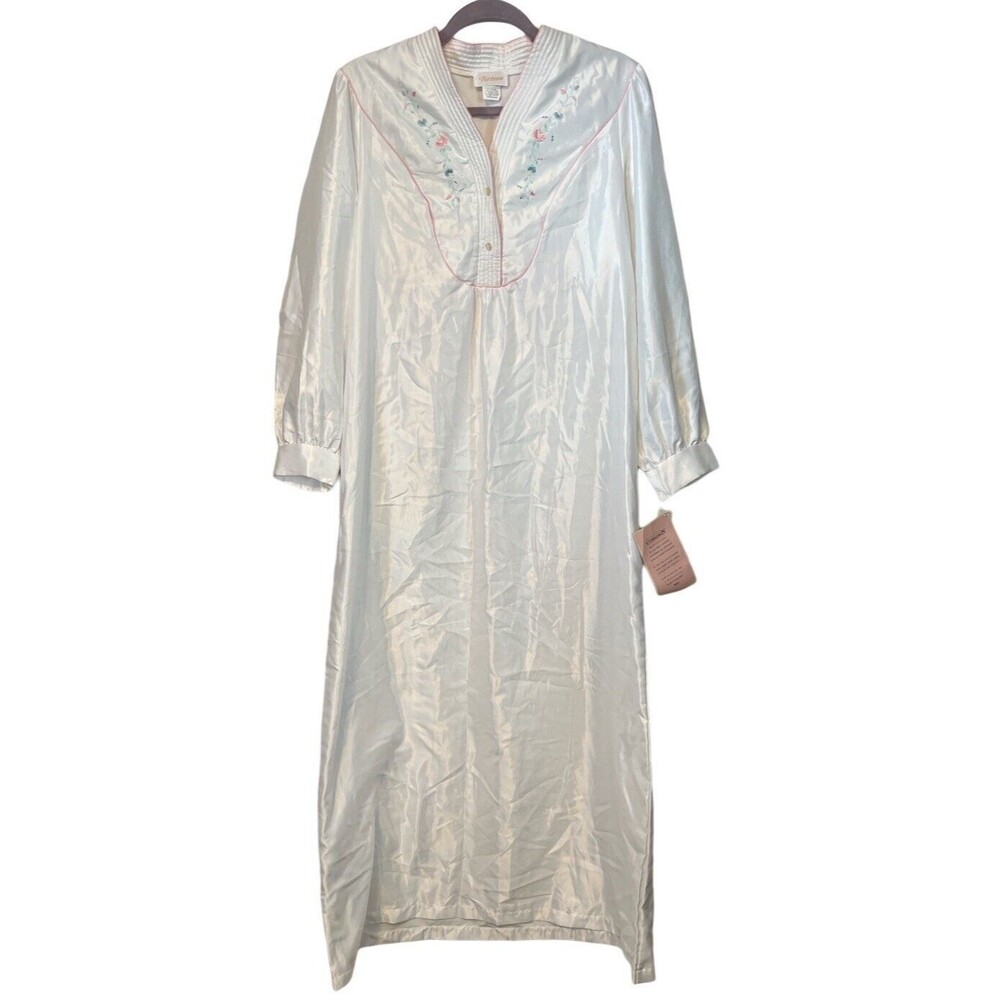 Vtg Barbizon Robe Housecoat White Medium Applique Silky Poly-cotton Blend‎